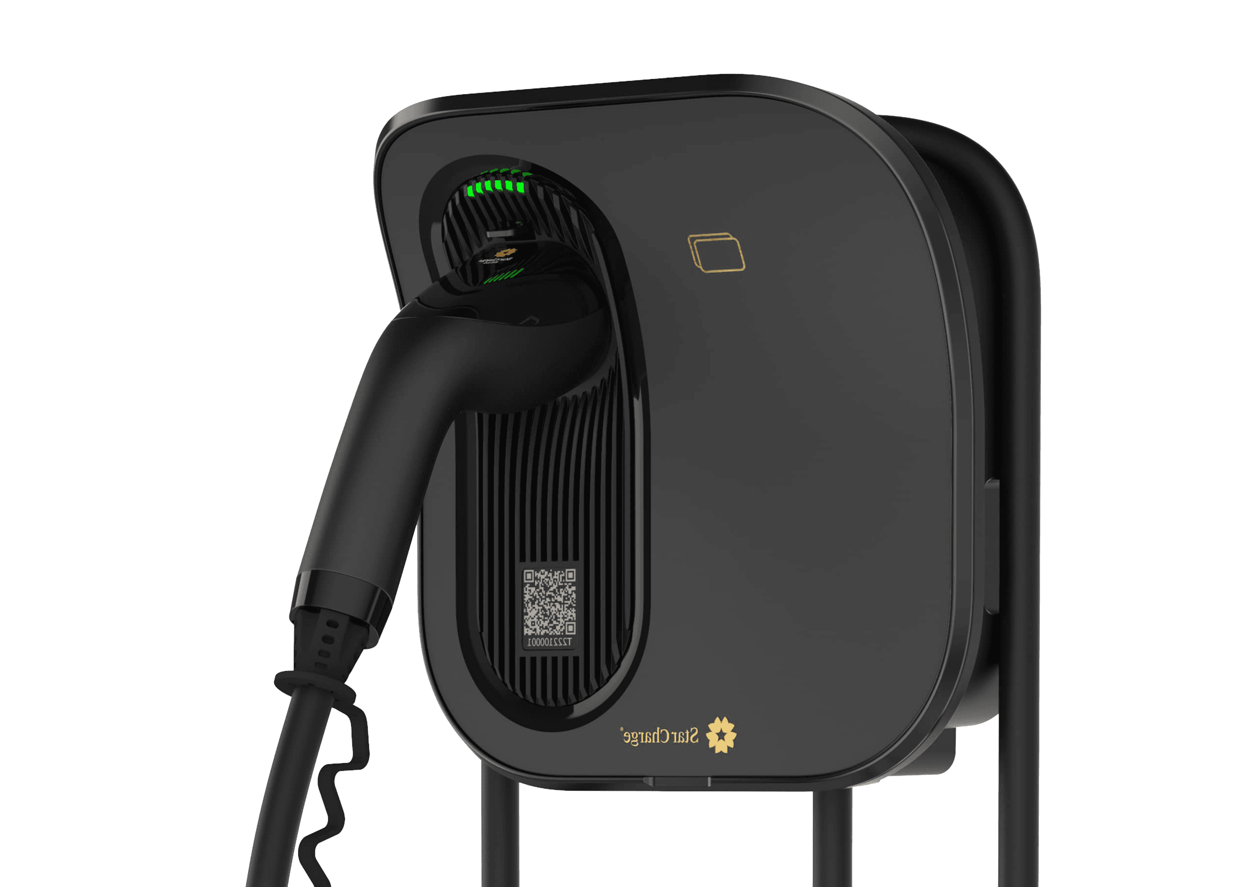 A modern black artemis EV charging station with a green indicator light and a charging cable plugged in, mounted on a wall.