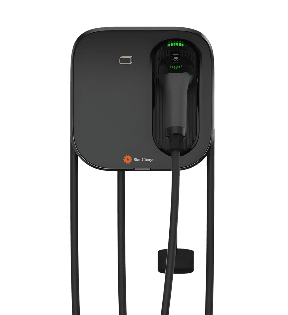 A sleek black electric vehicle charger mounted on a wall, featuring a charging connector and illuminated indicators.