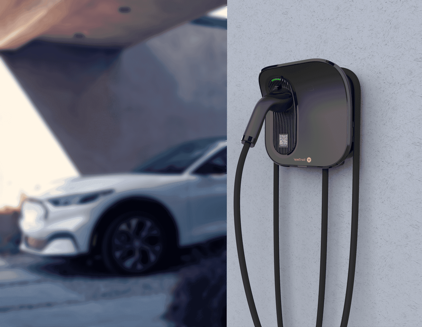 A modern EV charging station mounted on a wall, with charging cables hanging, beside a sleek white electric vehicle in a driveway.