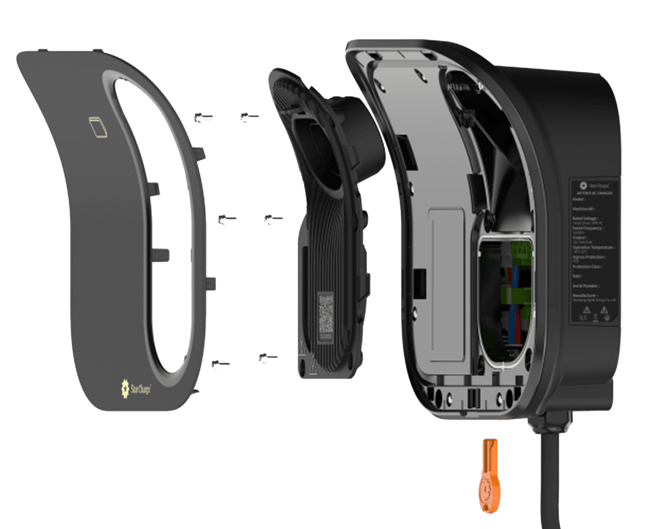 Exploded view of a modern electric vehicle charger, showcasing its internal components, wiring, and outer casing.
