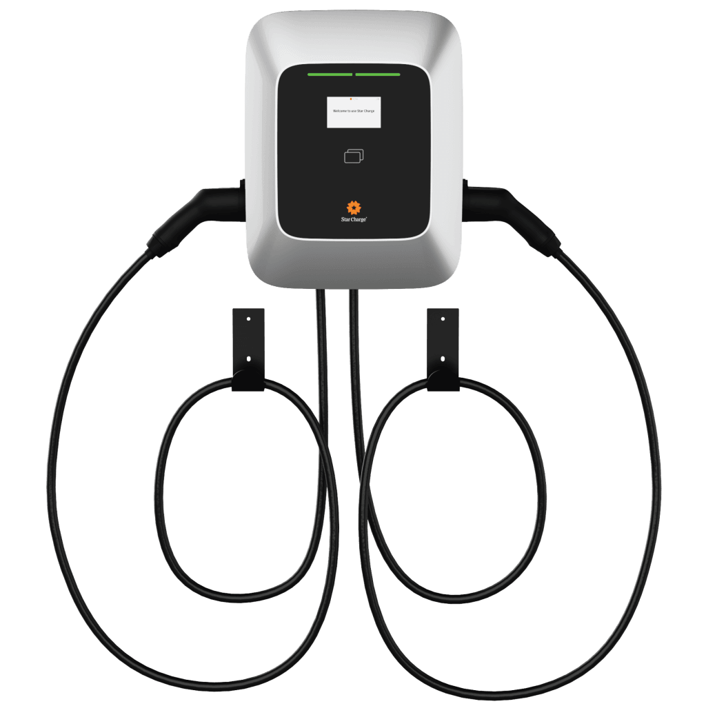 Compact dual-port EV charger with a sleek silver and black design