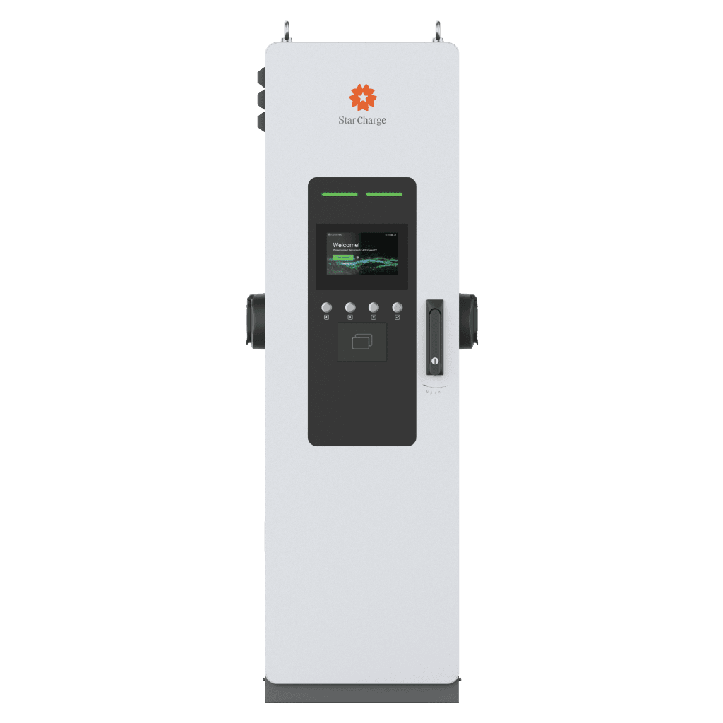 A sleek, Talesto vertical electric vehicle charging station with a touchscreen interface, two charging ports, and the StarCharge logo on top.