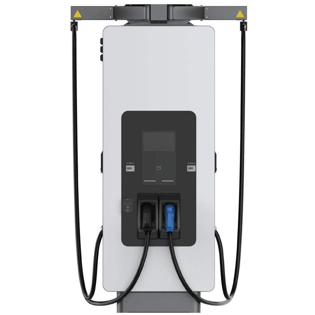 A sleek Titan electric vehicle fast charger with two charging ports, featuring a digital screen and overhead display indicators.