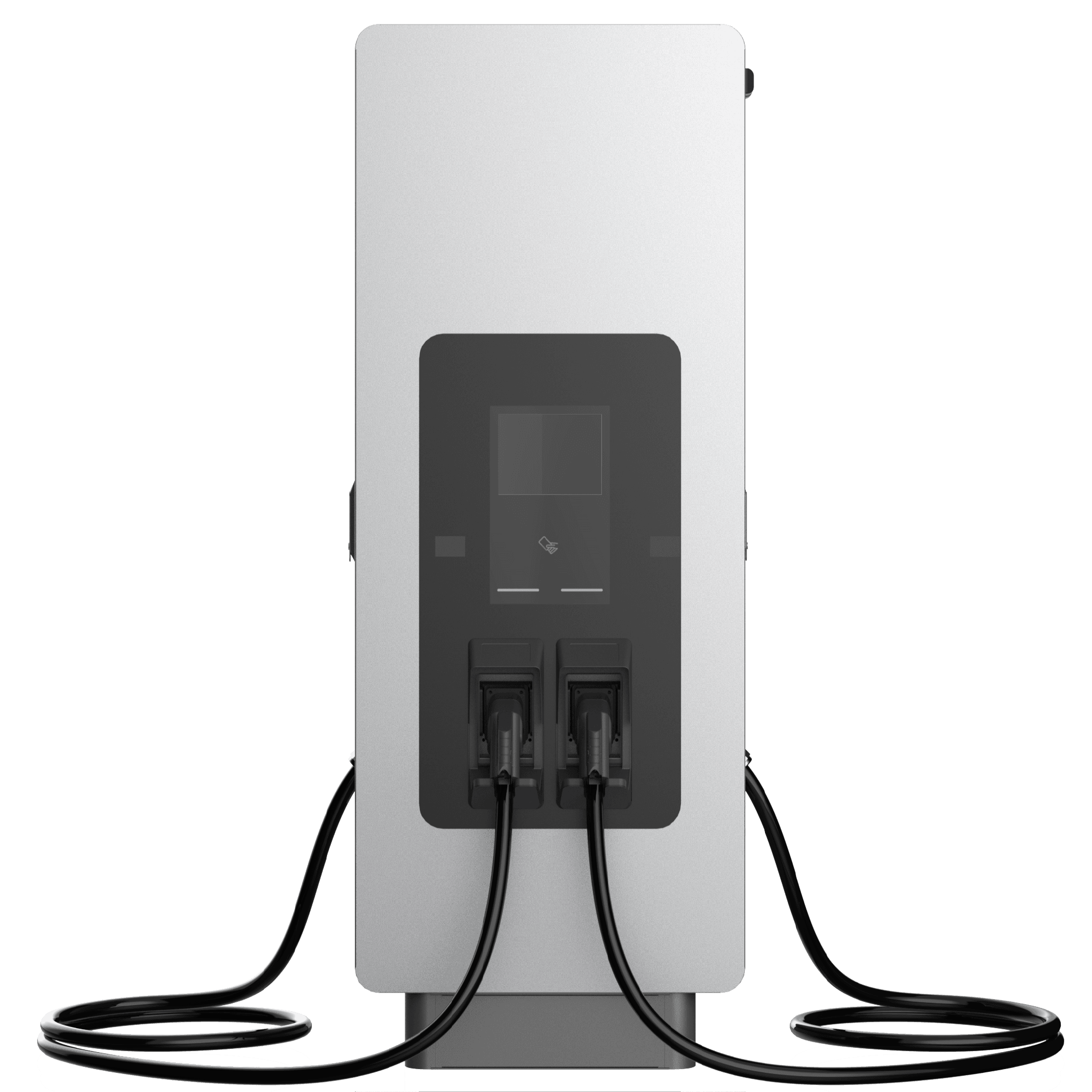 A sleek, silver electric vehicle charging station with two charging ports and a central display panel.