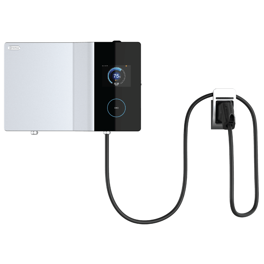 Electric EV Charger with a digital display, showing percentage, and power cord connected to an outlet.