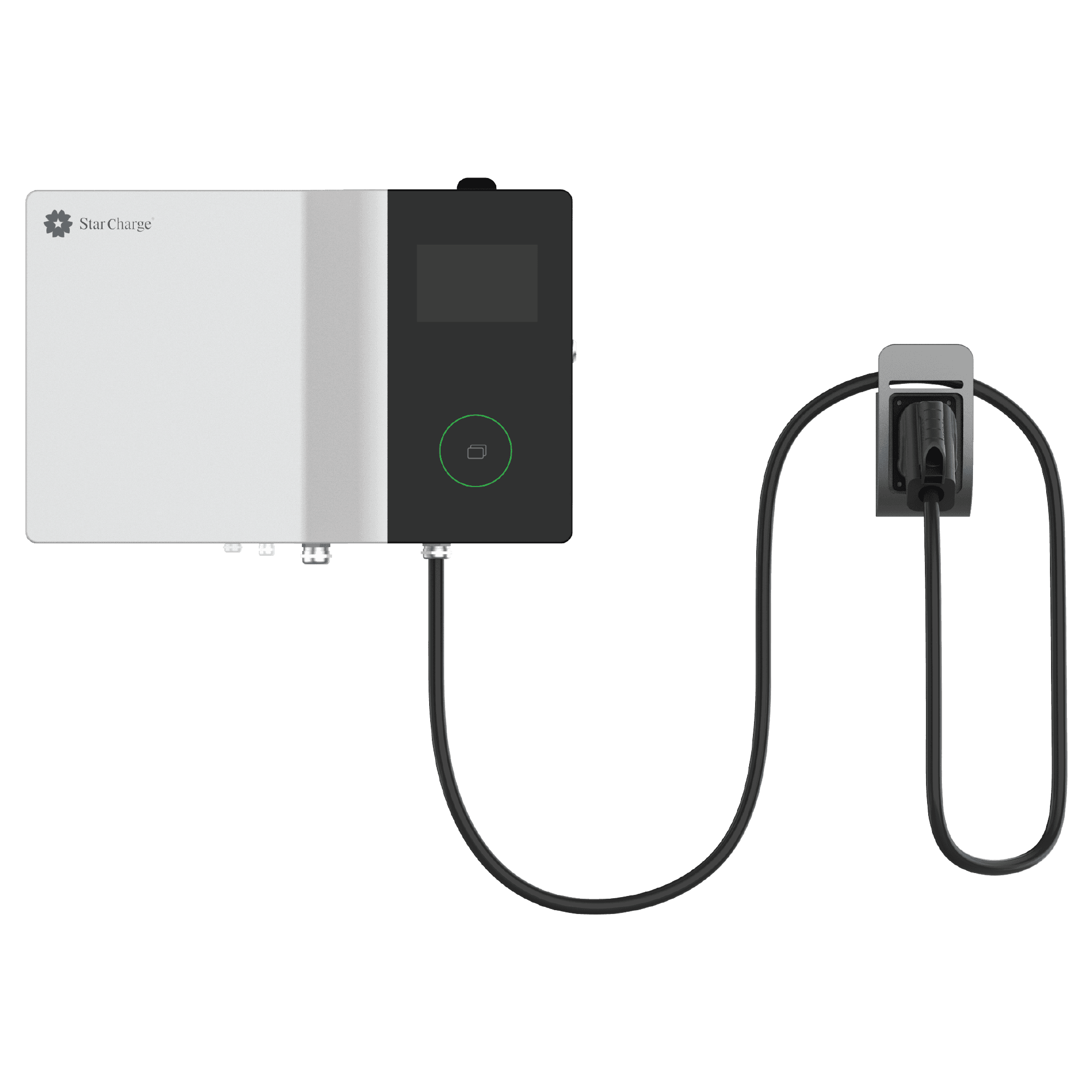 A sleek, modern electric vehicle charger with a digital display and connected cable, designed for efficient charging.