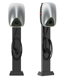 Two electric vehicle charging stations with silver housings and black cable connectors, mounted on tall black stands.
