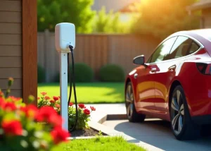 A red electric vehicle parked in a driveway, connected to a white home EV charging station. A perfect example of how to install an EV charger at home