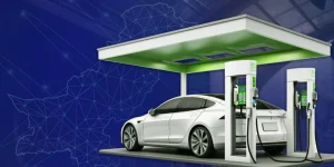 EV Charging Stations in Pakistan with a white car at a charging pump and regional map overlay.