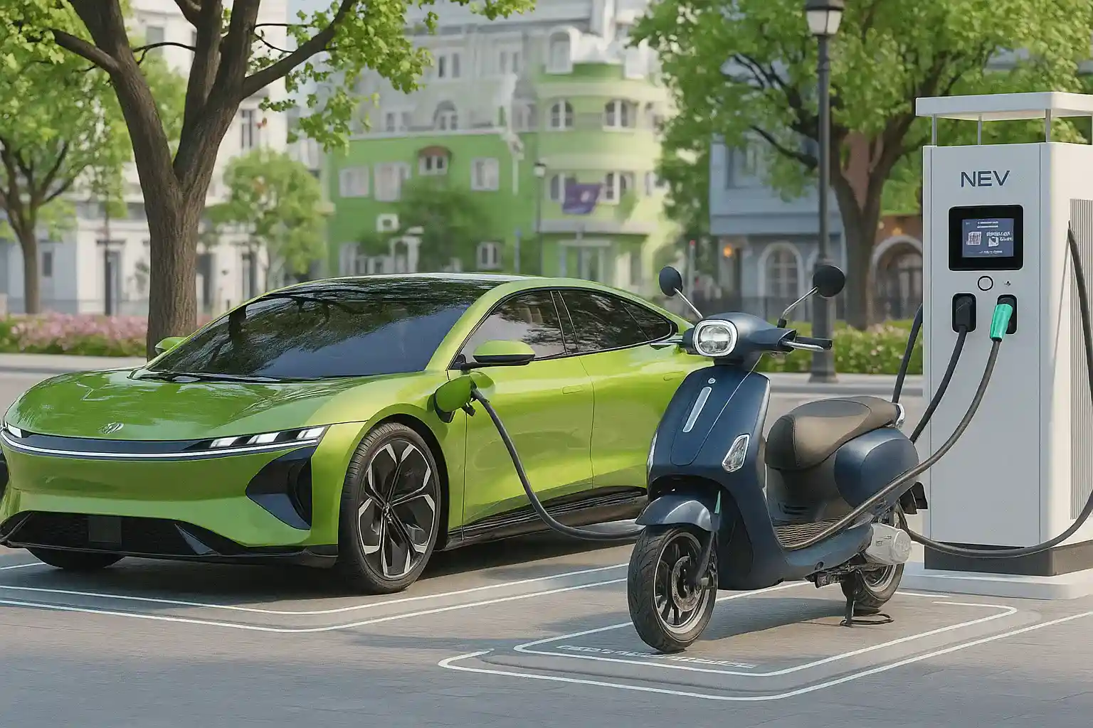 Electric car and scooter charging at a station, representing Pakistan’s EV Policy in action
