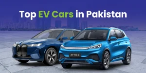 EV cars in Pakistan, displayed with a cityscape backdrop.