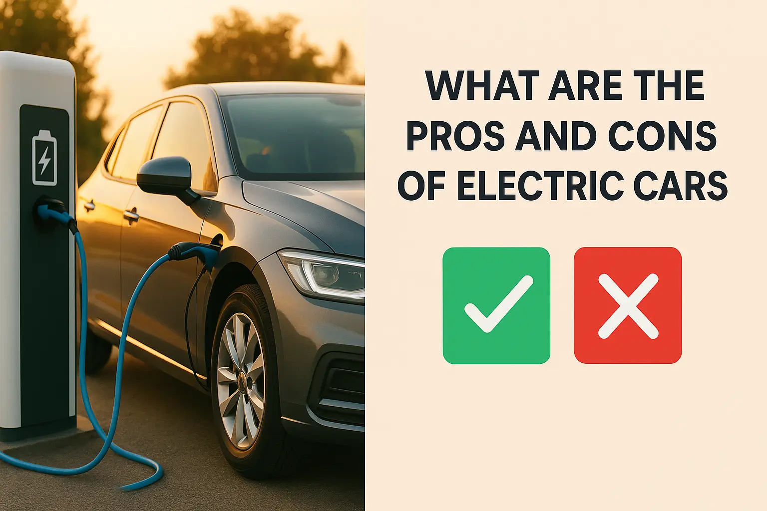 Electric car charging at sunset highlighting pros and cons of electric cars.
