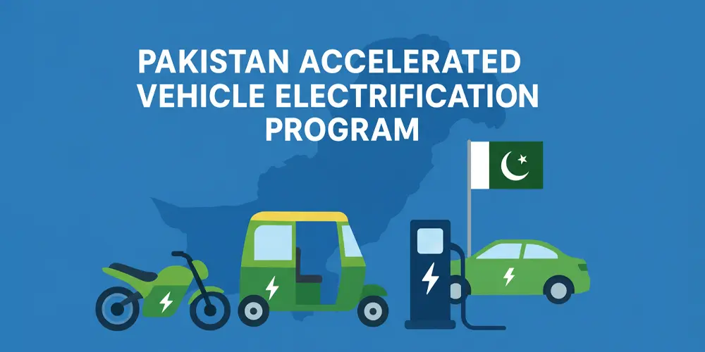 Electric bike, rickshaw, and car charging under the Pakistan flag, highlighting the Pakistan Accelerated Vehicle Electrification Program.