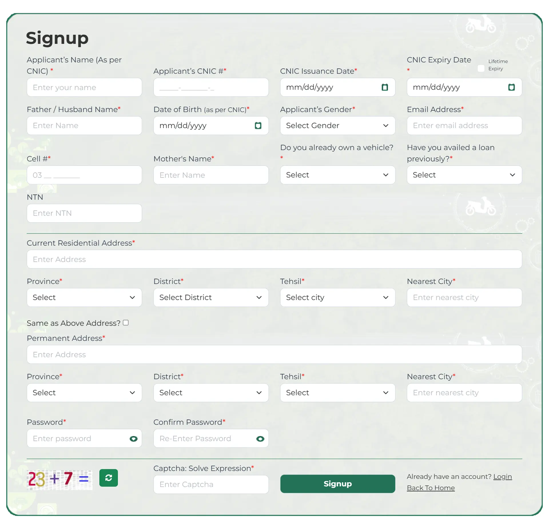 Signup form for PAVE, requesting applicant details, addresses, and login credentials with a captcha.