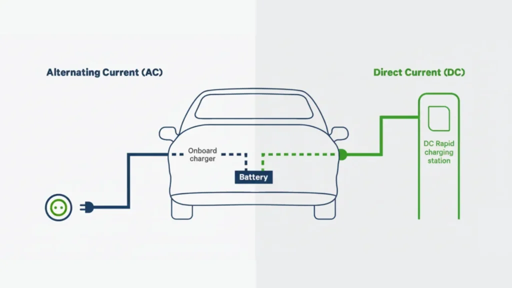 Diagram illustrating the difference between AC charging via an onboard charger to the battery and DC rapid charging directly from a station to the battery of an electric vehicle.