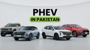 Four Plug-in Hybrid Electric Vehicles (PHEVs) displayed under the title “PHEV in Pakistan.