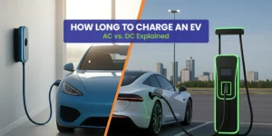 Split image showing how to charge an electric car — AC home charging (blue car) vs. DC fast charging (white car).