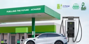 EV charging at a modern station in Punjab under a green canopy, highlighting the Petrol Stations EV Charging Punjab initiative.
