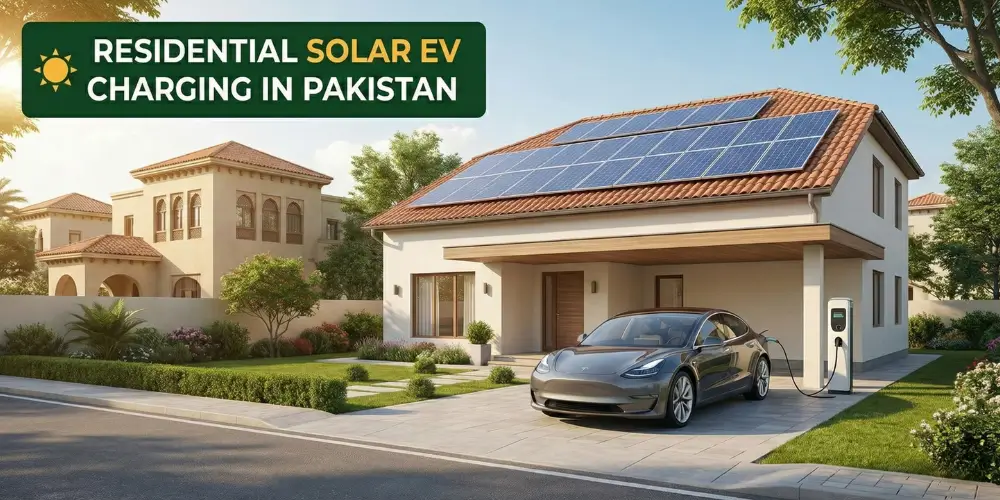 Residential solar EV charger powering an electric car at a home in Pakistan.