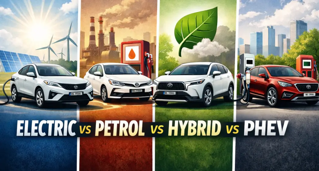 Comparison of hybrid cars with electric, petrol, and PHEV models against energy and city backgrounds.