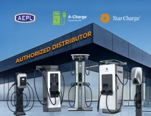 StarCharge EV chargers in front of a building labeled 'Authorized Distributor' with AEPL and Star Charge logos.