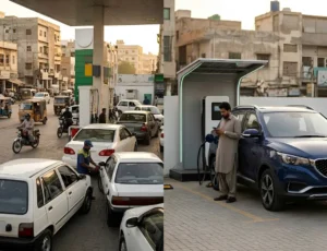 Two images highlighting EV growth, featuring an electric vehicle charging at a gas station and showcasing the integration of EV charging into traditional fuel stations.
