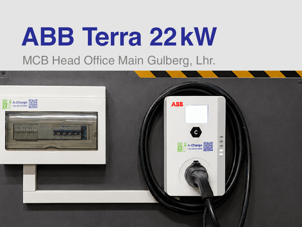 22kW AC EV Charger for MCB Lahore, featuring an ABB Terra EV charger installed beside an electrical breaker panel.