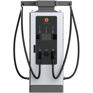 A sleek, modern electric vehicle charging station with two cables and an interface featuring buttons and a screen for user interaction.