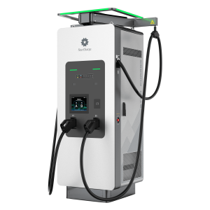 A modern dual-port electric vehicle charging station with a digital display, cables, and a sleek design from StarCharge.