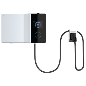 Electric EV Charger with a digital display, showing percentage, and power cord connected to an outlet.